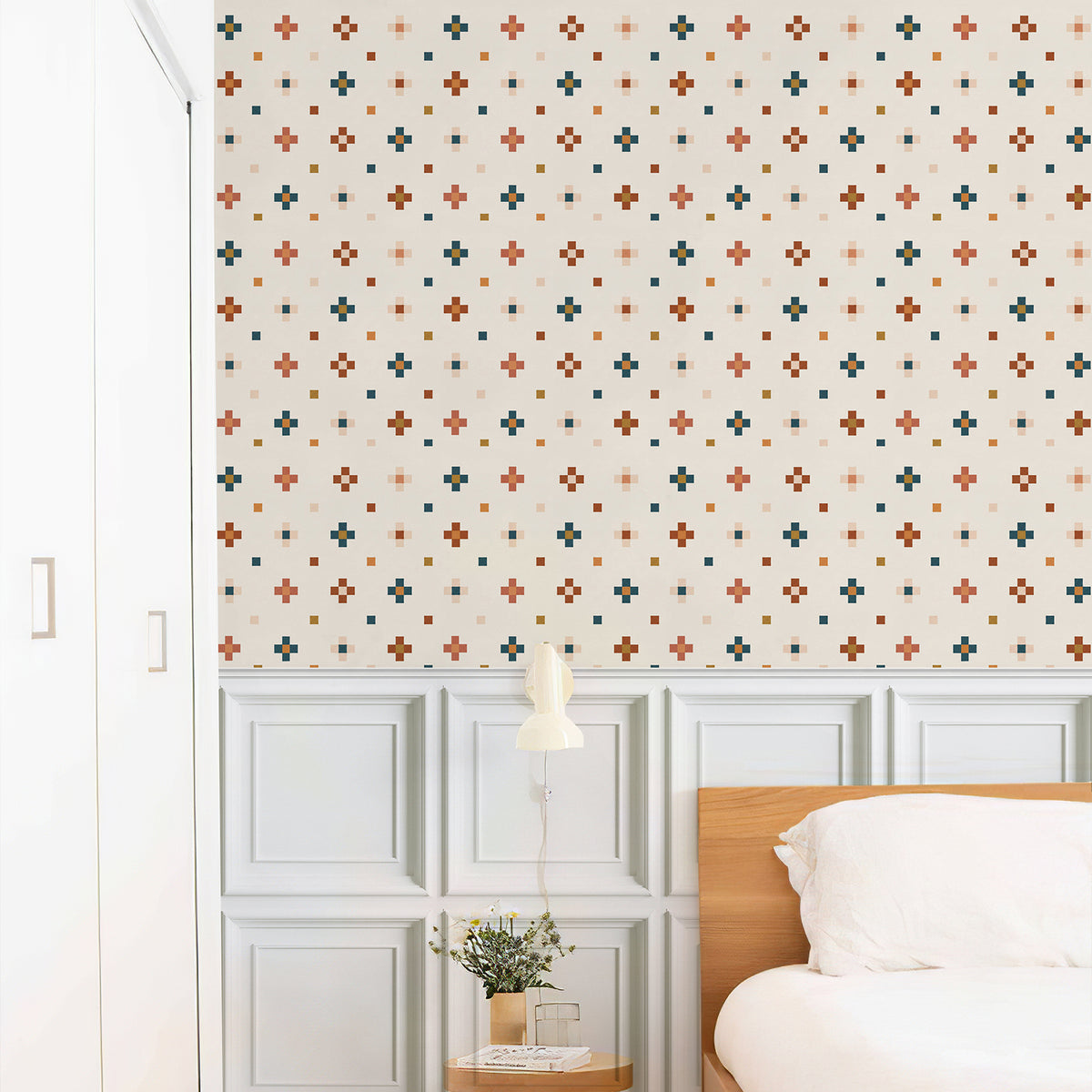 Cottage cross tile mosaic peel stick wallpaper wainscoting bedroom wall idea