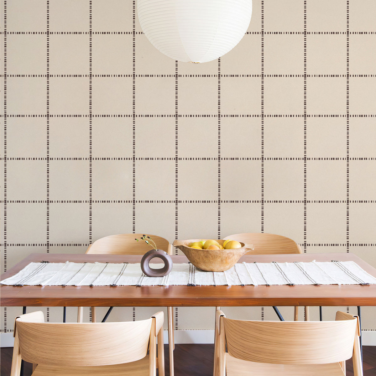 Cream coffee grid french vintage removable wallpaper farmhouse dining room interior decor