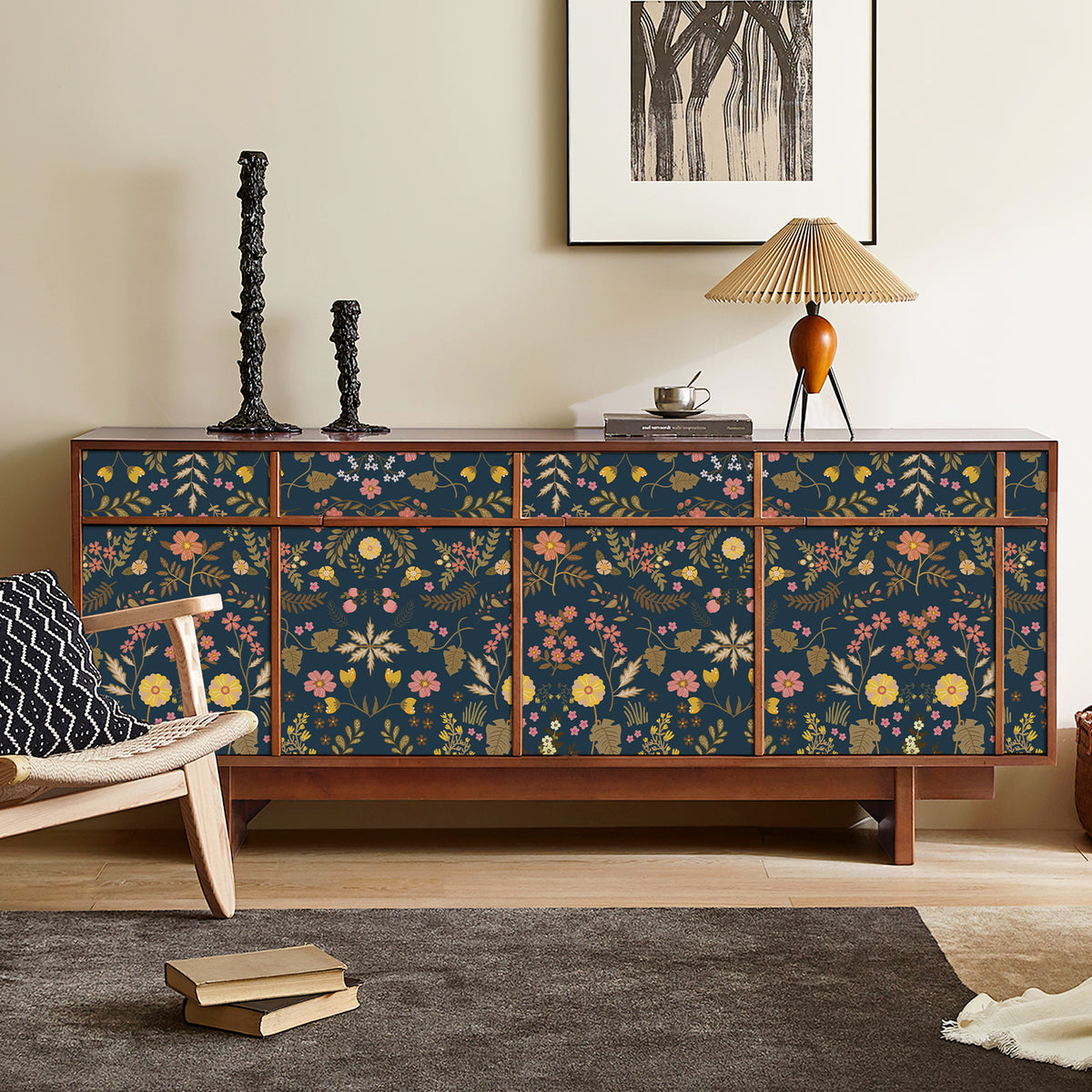 Small floral wallpaper used for cabinet makeover. It covers the surface of a wooden sideboard, quickly renewing old furniture and bringing fresh botanical style to living‑room.