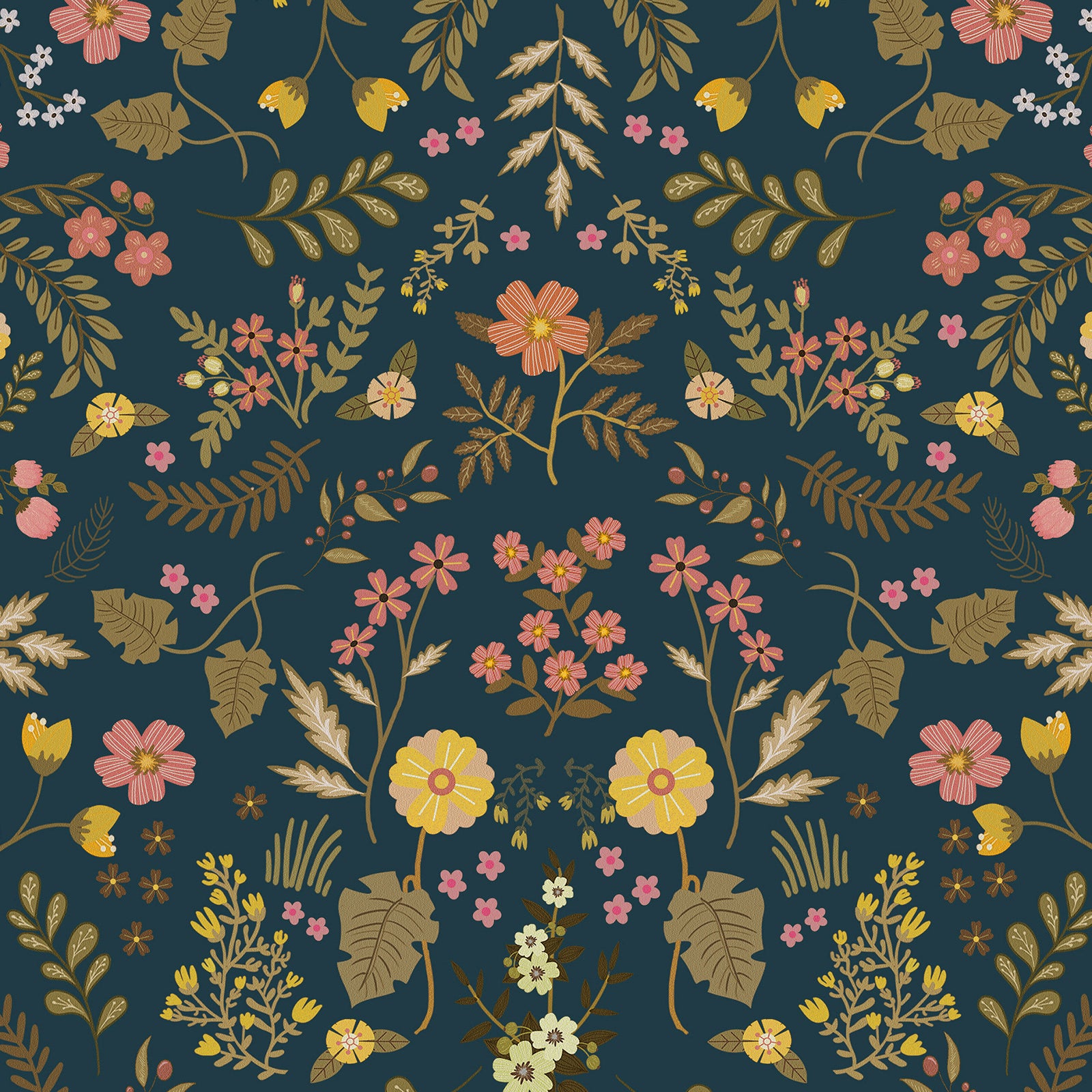 Close‑up detail shot of the floral pattern, clearly displaying hand‑drawn pink, yellow wild blossoms, varied leaves and deep navy‑blue background.