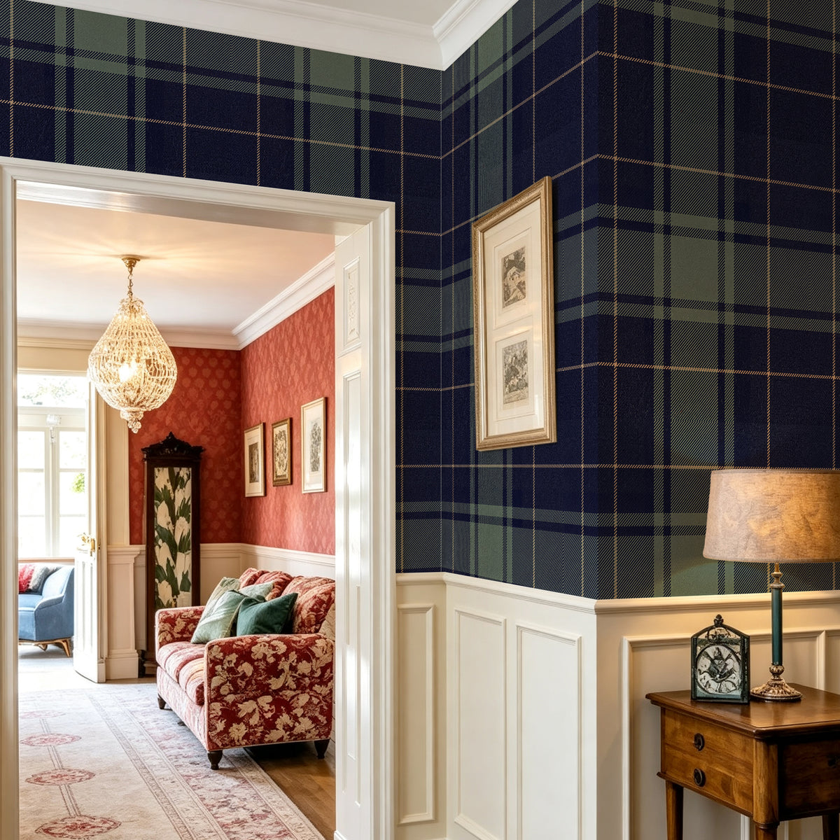 Dark Academia navy hunting plaid removable wallpaper entryway hallway wall decor
