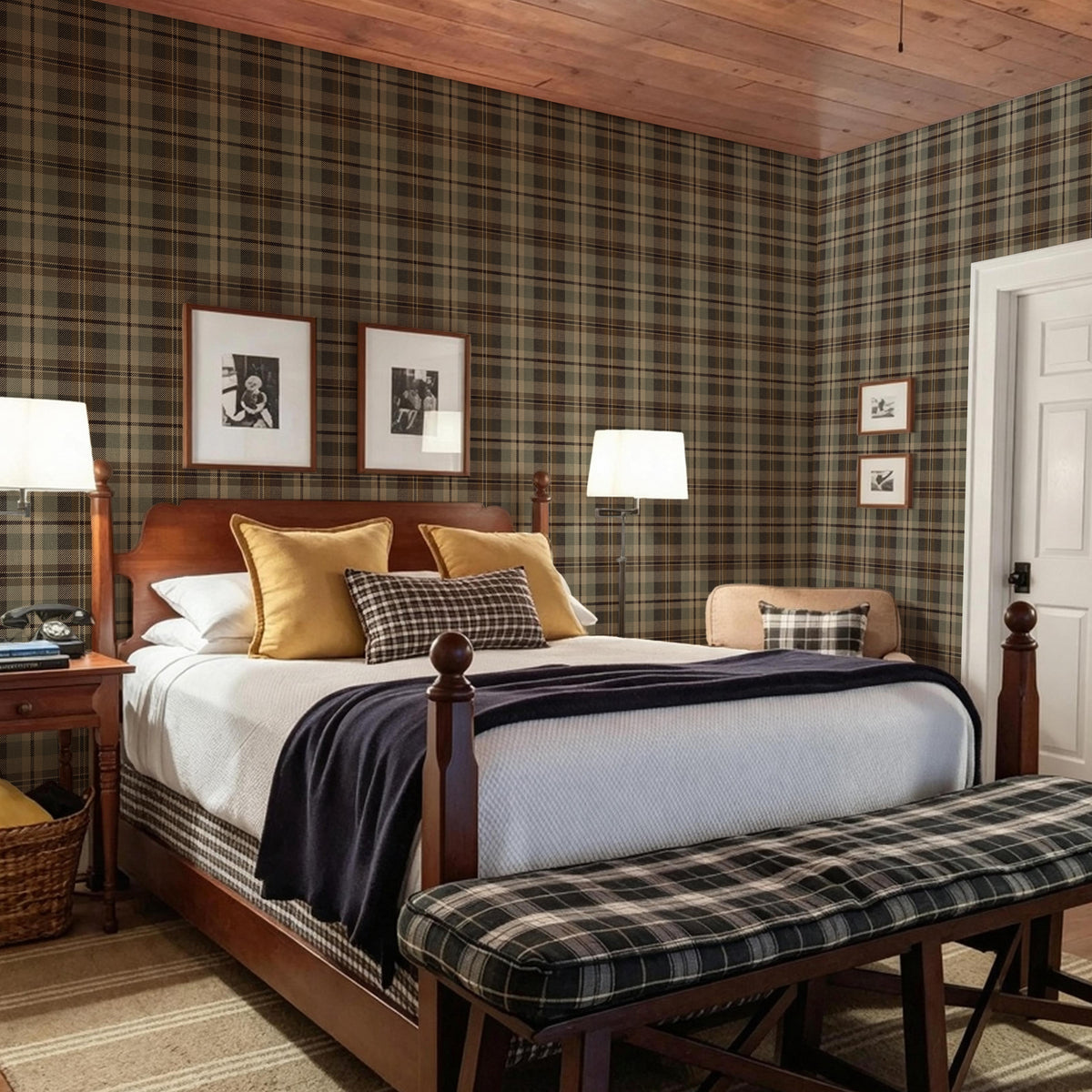 Earthy green brown tartan peel and stick wallpaper for cozy rustic wood bedroom