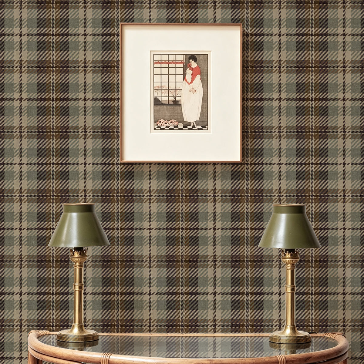 Earthy tundra tartan peel and stick wallpaper, neutral woven plaid accent wall decor