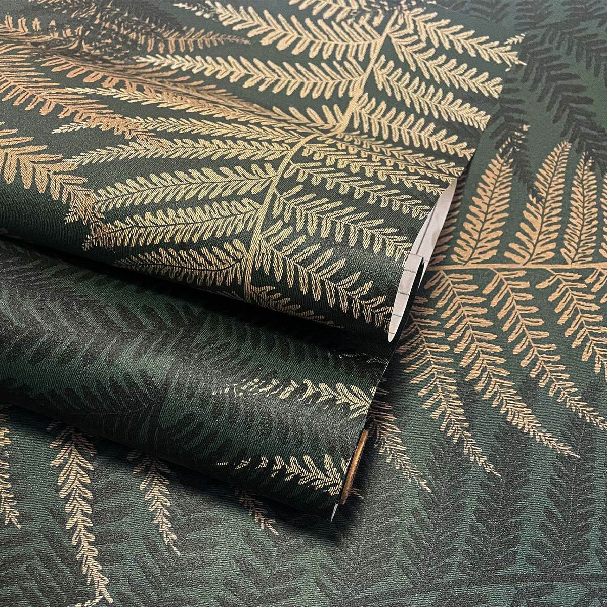 Fern Leaf Botanical Peel and Stick Wallpaper close‑up roll texture gold fern leaf fabric surface
