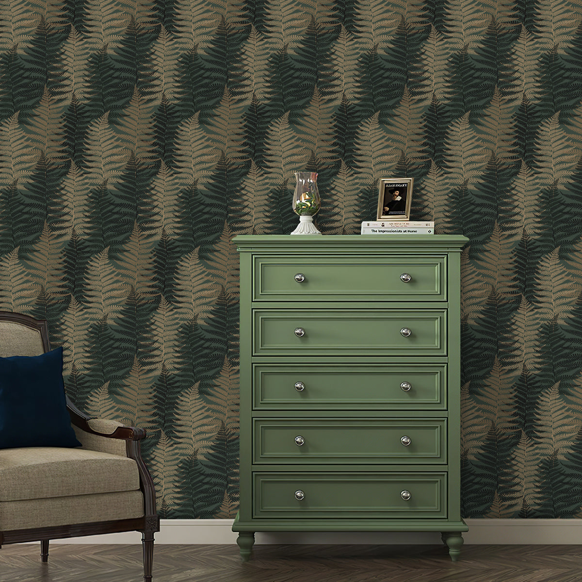 Fern Leaf Botanical Peel and Stick Wallpaper dark gold fern leaf pattern bedroom dresser feature wall