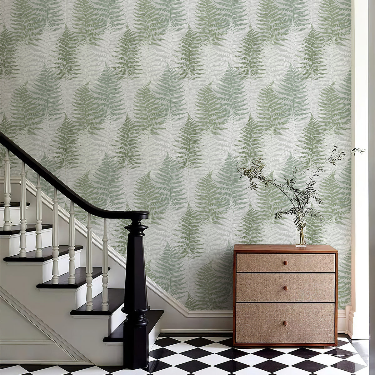 Fern Leaf Botanical Peel and Stick Wallpaper light green fern leaf entryway staircase accent wall decor
