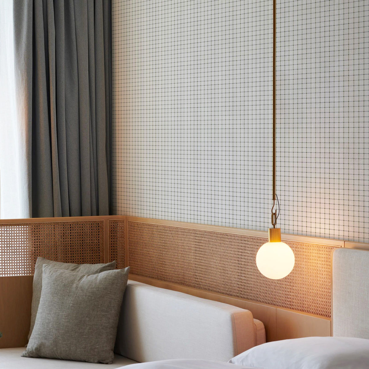 Green Grass Fine Grid Neutral peel and stick wallpaper boho neutral bedroom wall idea