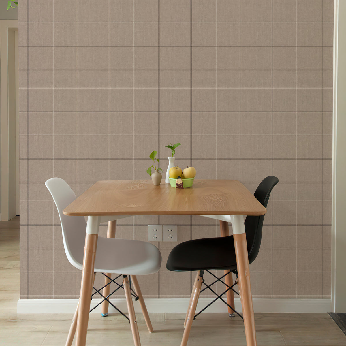 Linen textured truffle brown grid peel and stick wallpaper cozy boho bedroom wall