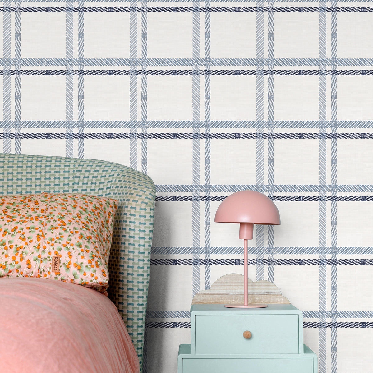 Misty blue layered plaid peel stick wallpaper soft cottage bedroom wall decor