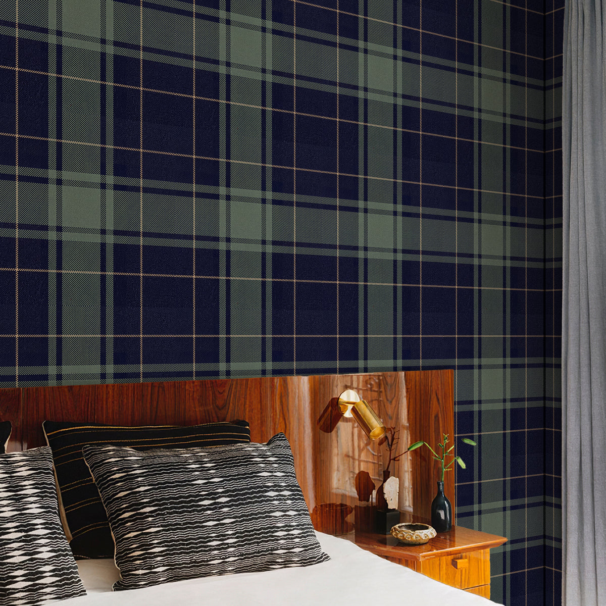 Navy tartan hunting plaid peel stick wallpaper modern bedroom wood headboard