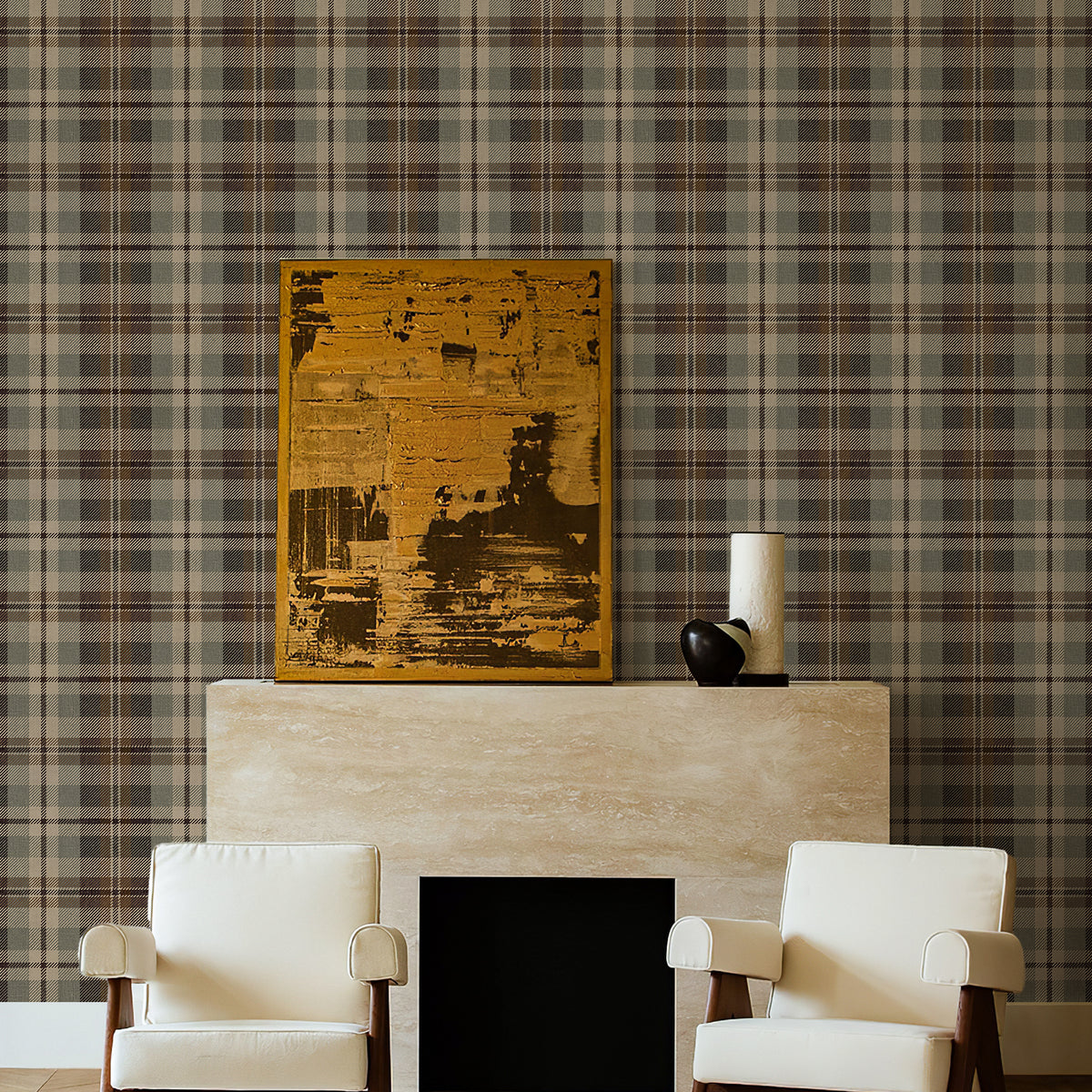 Neutral earthy green‑brown tartan removable wallpaper for vintage home office desk background