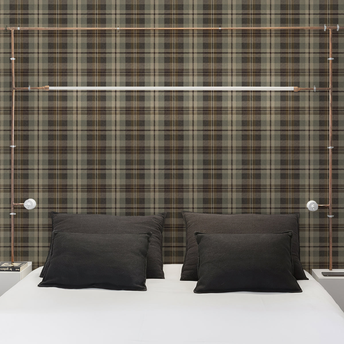Neutral woven tartan peel and stick wallpaper for minimalist industrial bedroom wall