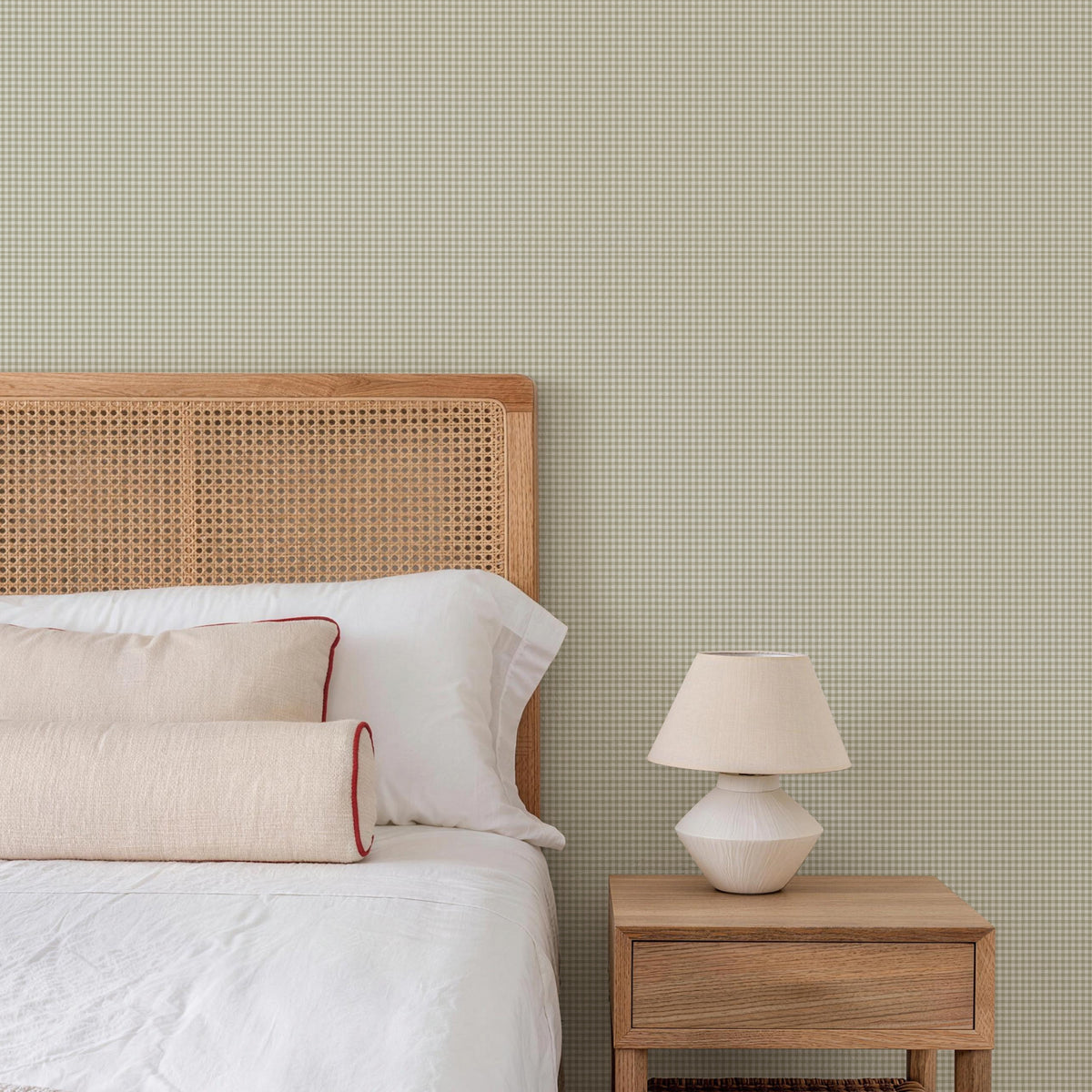 Oatmeal Gingham warm neutral textured peel and stick wallpaper rattan headboard bedroom accent wall