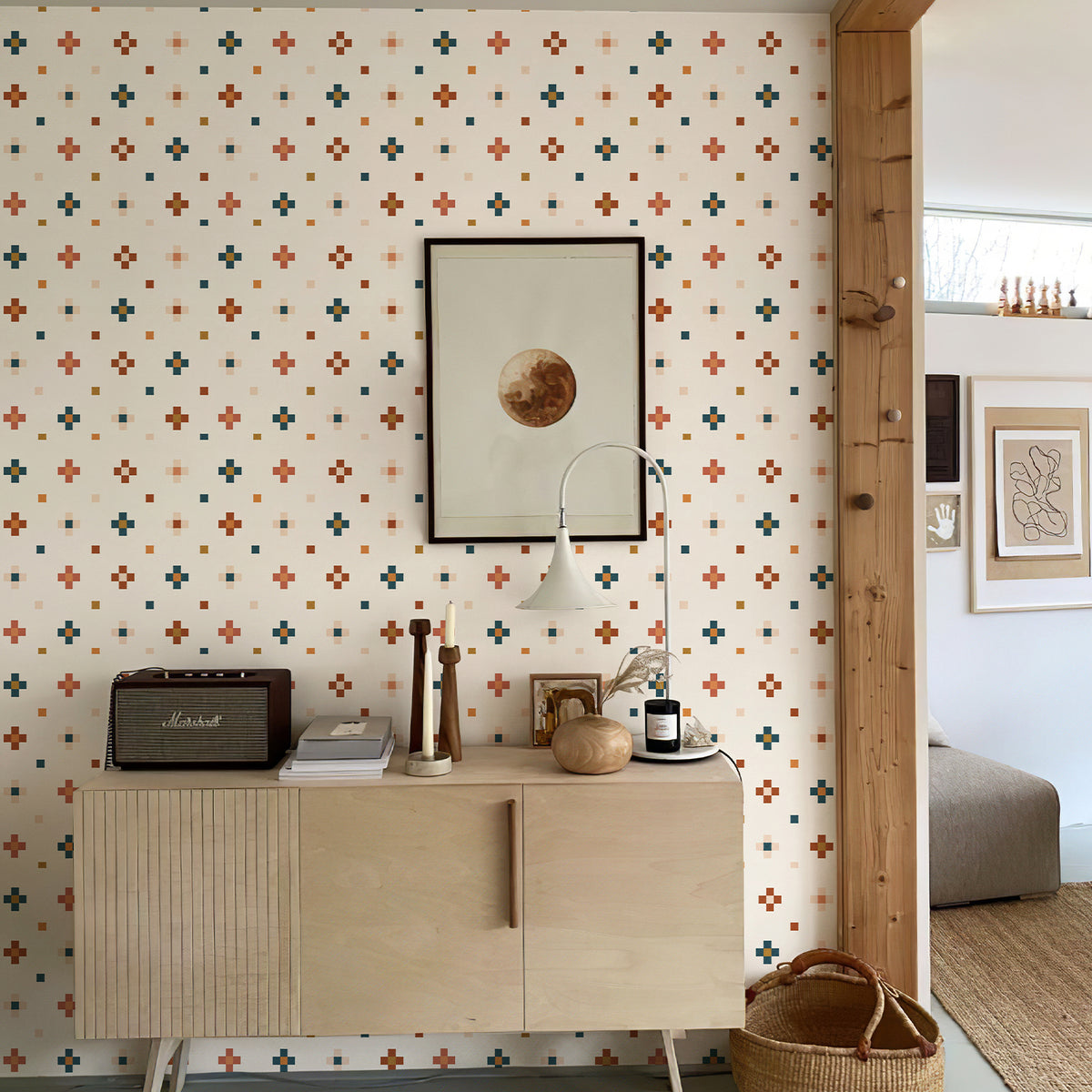 Rustic boho cross tile peel and stick wallpaper entryway cabinet feature wall