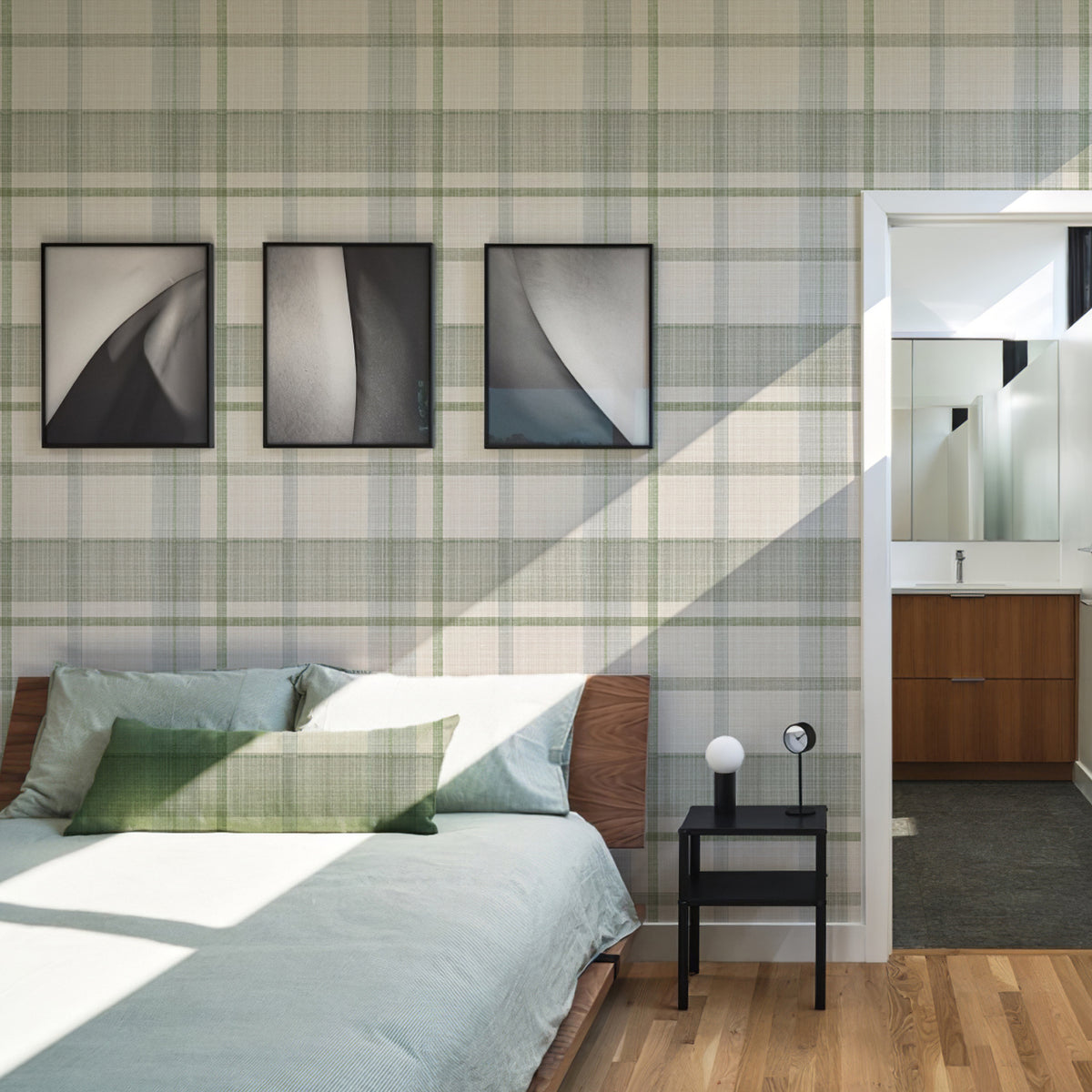 Sage cream woven plaid peel stick wallpaper modern cottage style bedroom feature wall
