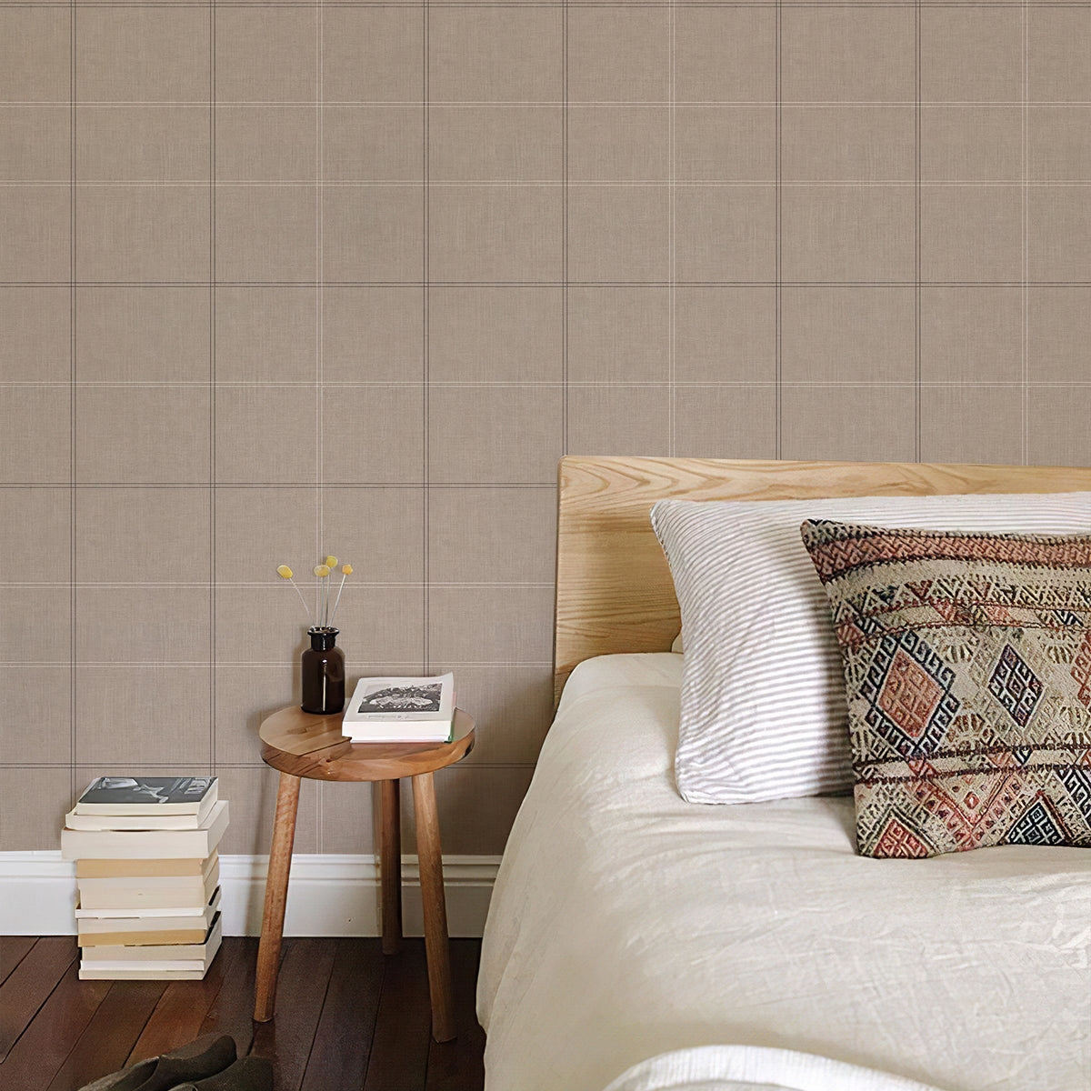Truffle brown linen grid removable peel stick wallpaper vintage interior wall decor