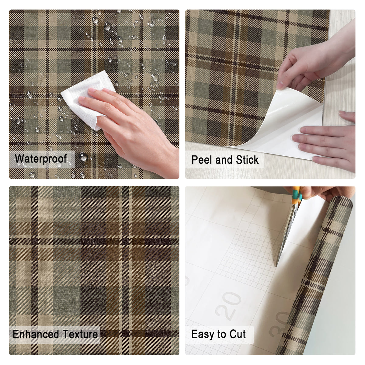 Waterproof easy‑cut earthy tundra tartan self‑adhesive woven texture wallpaper
