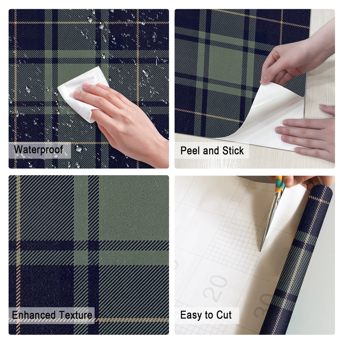 Waterproof easy cut navy hunting plaid textured peel and stick wallpaper features