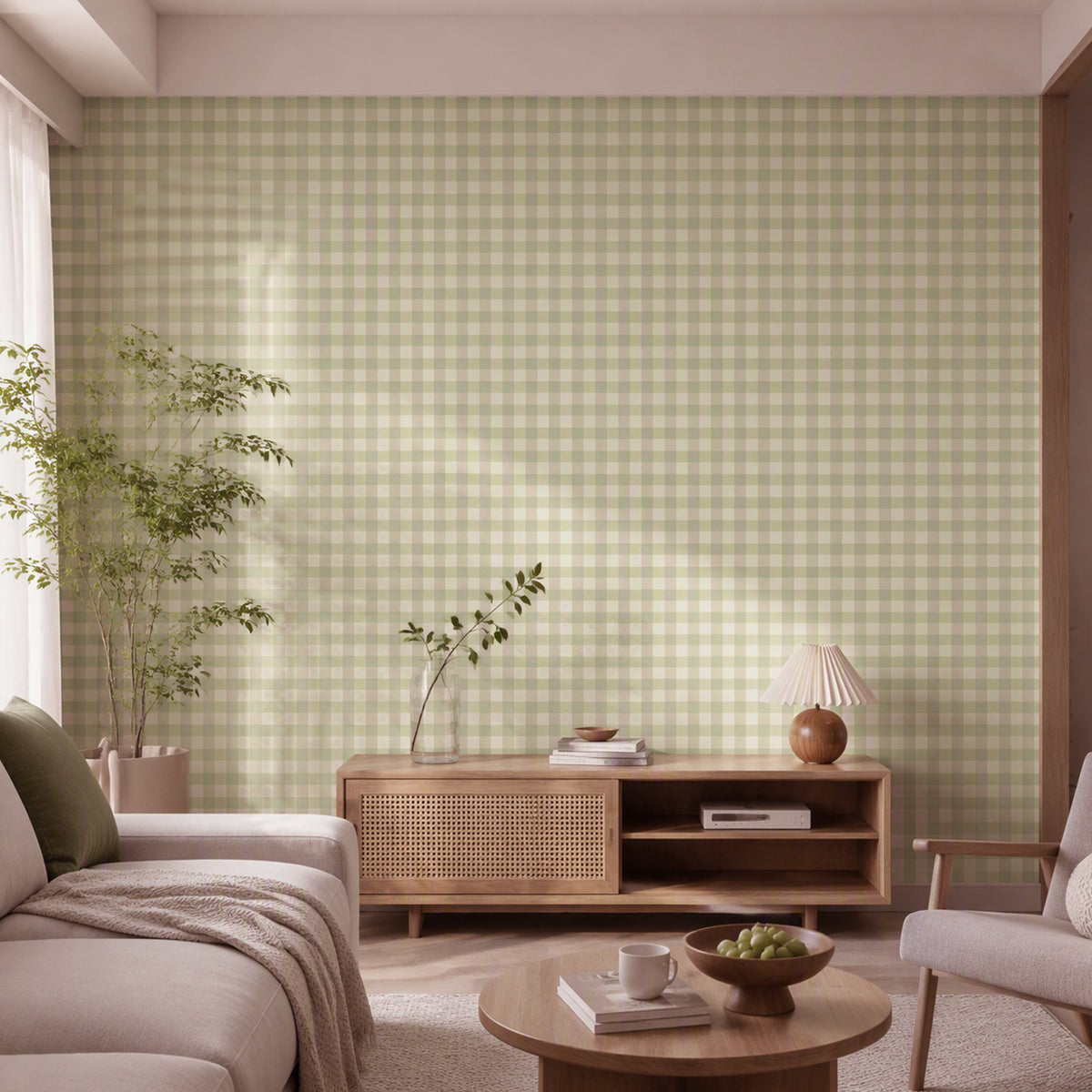 Wheat Field Gingham warm linen peel and stick wallpaper cozy living room accent wall decor