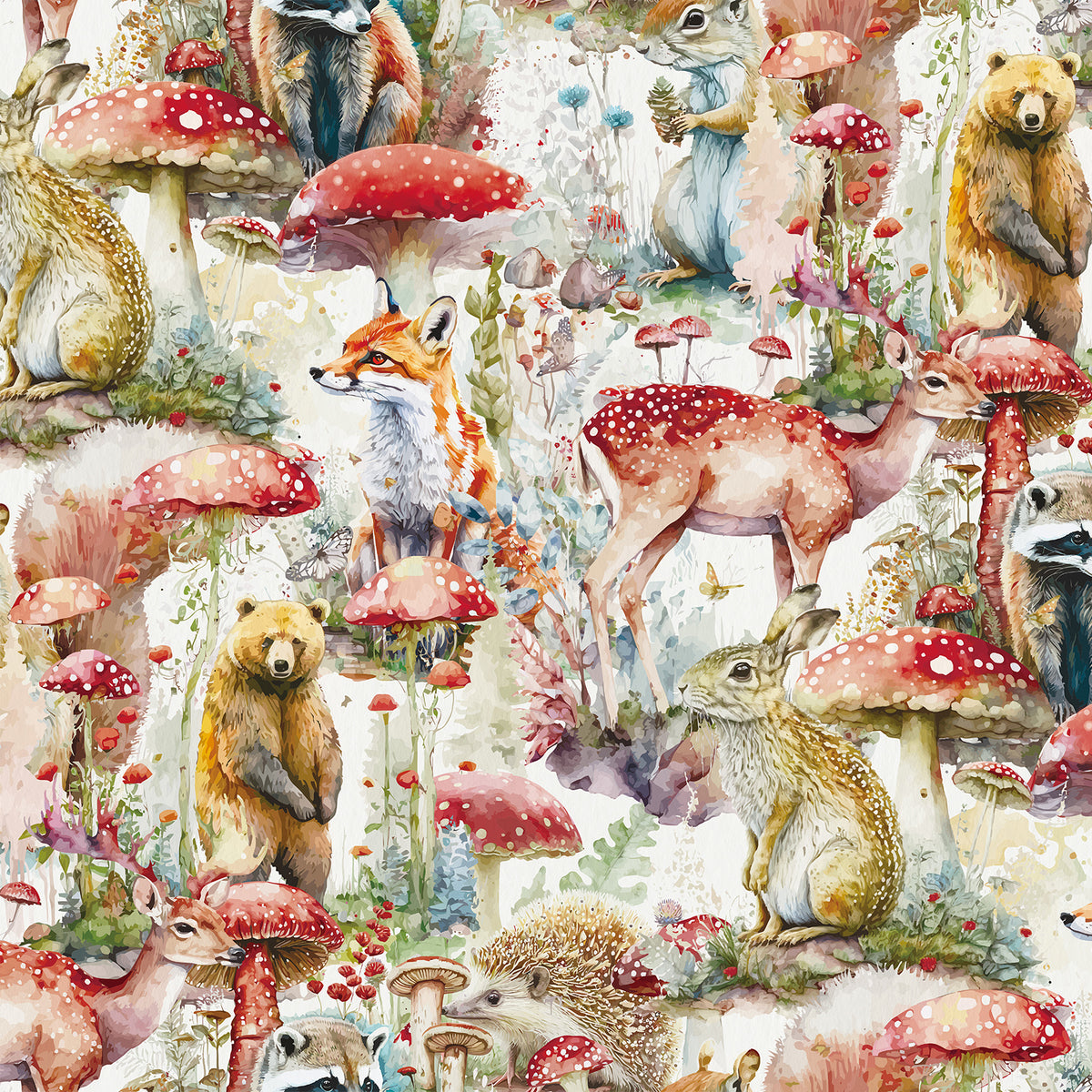 Close‑up shot of the wallpaper pattern. Vivid water‑color illustration displays deer, fox, bear, rabbit, raccoon, hedgehog, squirrel and red spotted mushrooms in the enchanted woodland.