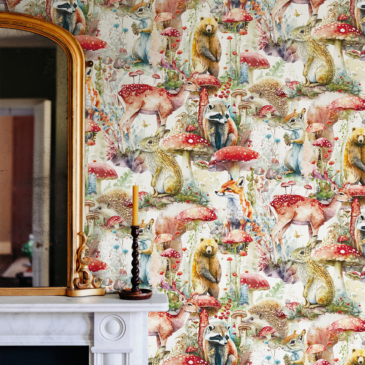 Whimsical woodland animal wallpaper decorates the accent wall beside the marble fireplace, matched with a vintage golden‑framed mirror, creating a charming fairy‑tale style living corner.