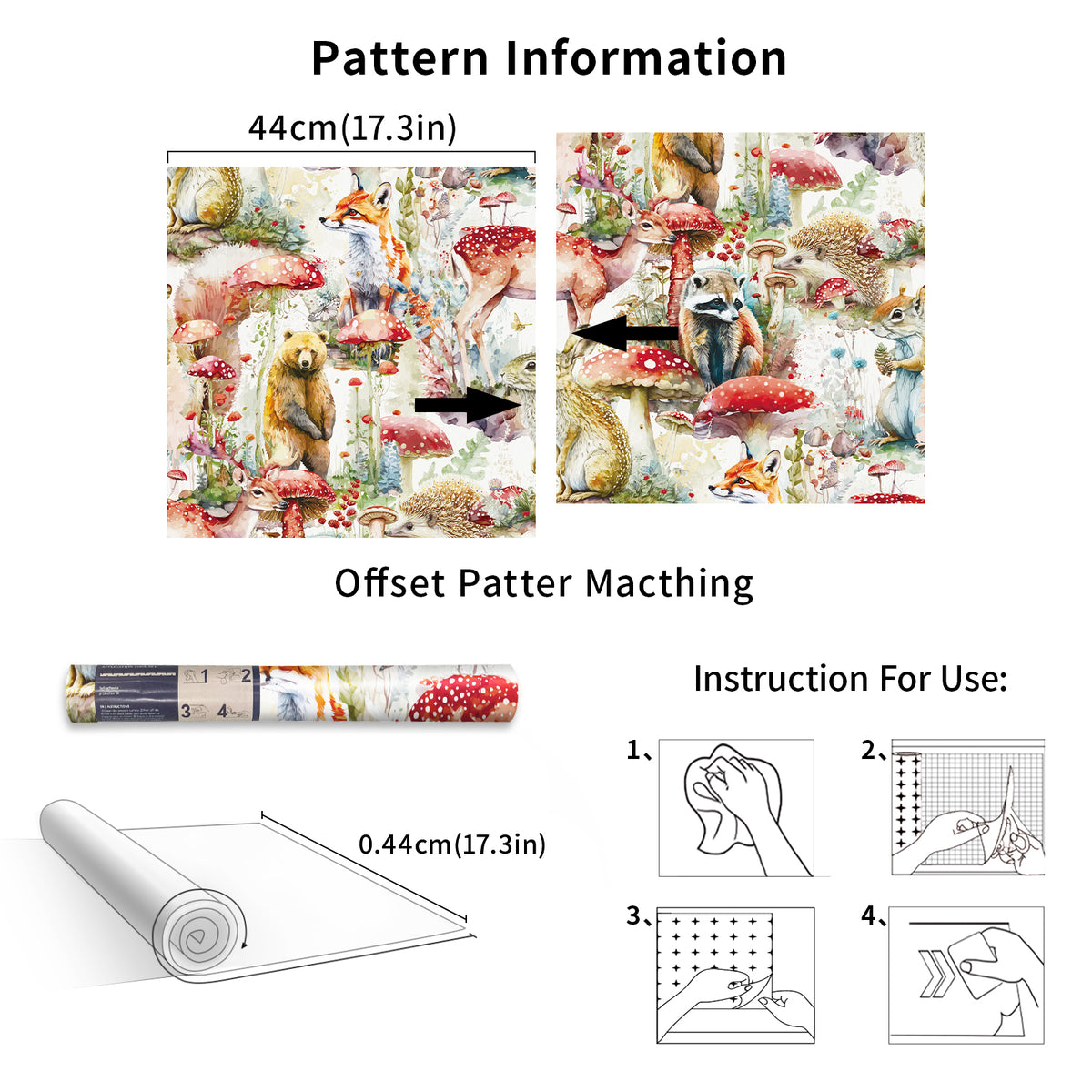 Specification & installation guide graphic. Shows offset pattern‑matching rule, roll width of 44cm(17.3in), and 4‑step simple installation instructions for this self‑adhesive wallpaper.