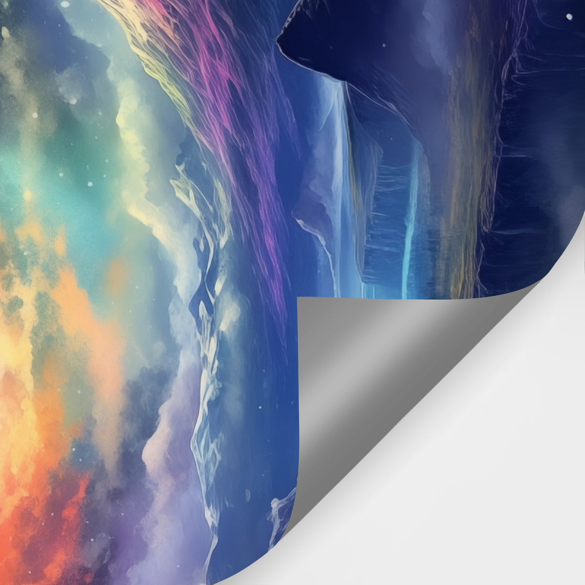Close‑up shot of rolled mural edge, clearly showing fine printed texture, smooth colour gradient and high‑definition details of the alien mountain landscape.