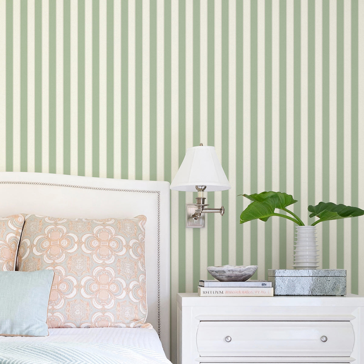 jiffdiff Sage Green Linen Stripe Peel and Stick Wallpaper, traditional USA bedroom interior design